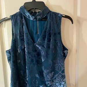 WHBM Blue Velvet Salma V-Neck Choker Top With Gold Back Zipper.